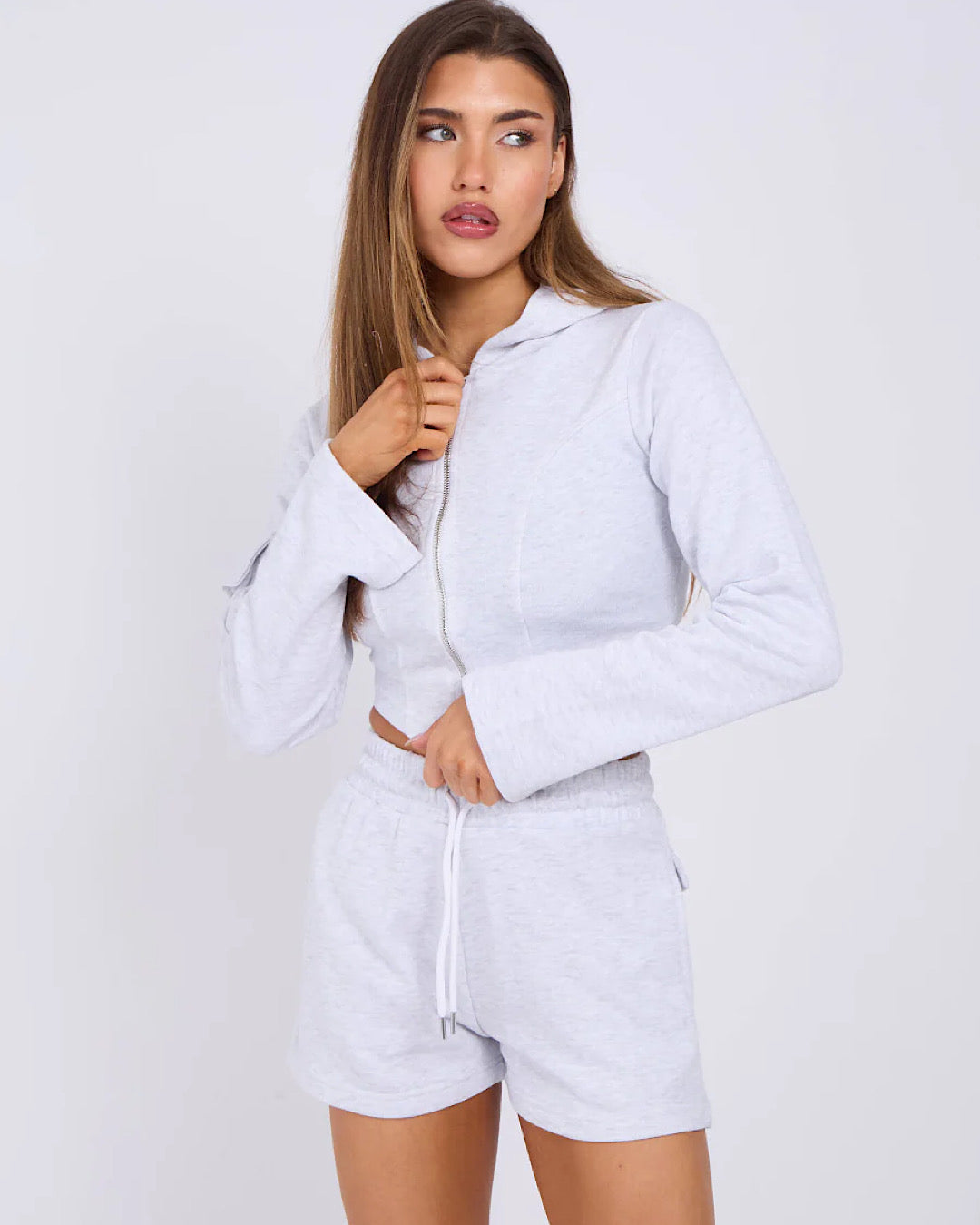 Grey Cropped Hooded Jacket & Shorts Set