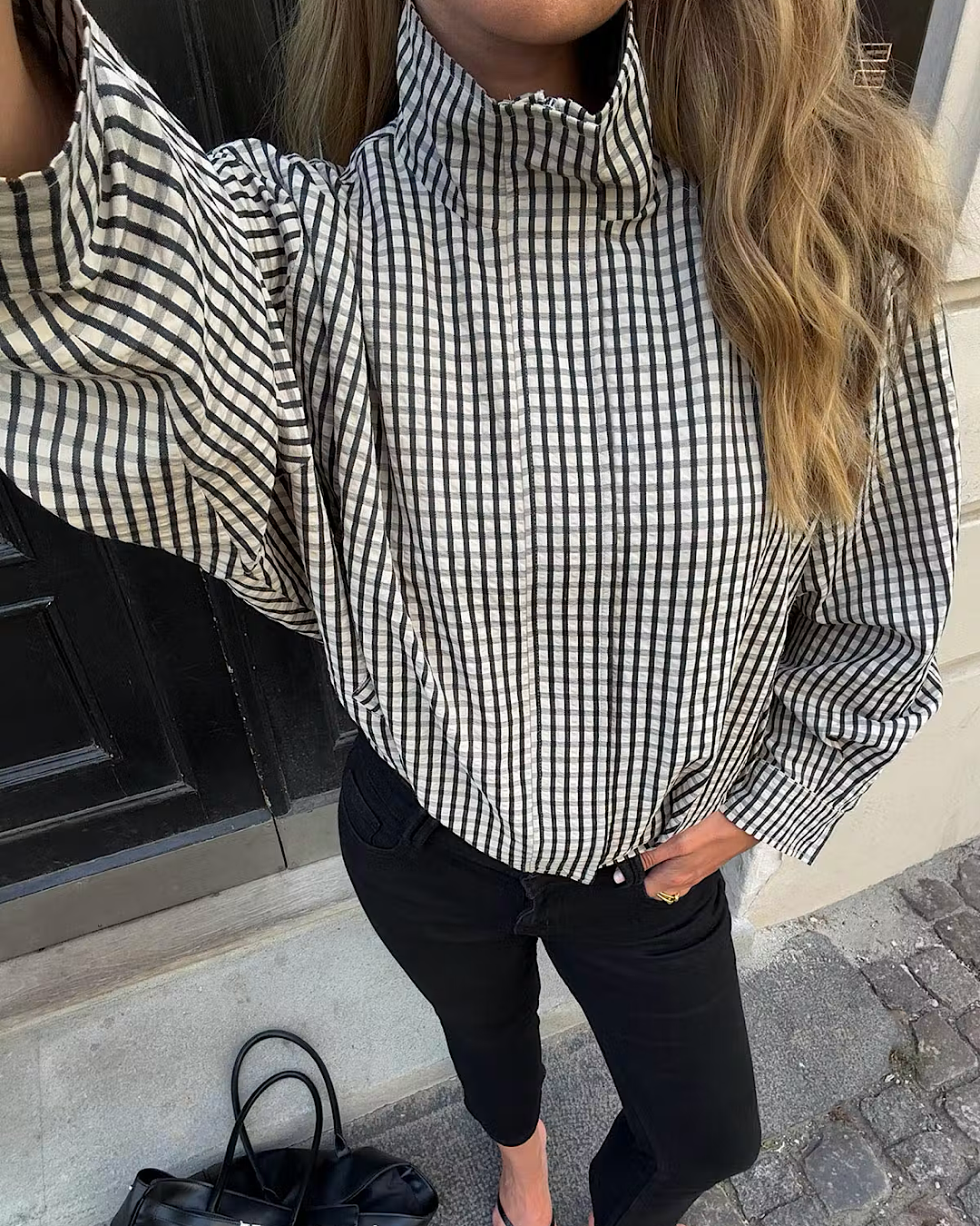Black White Funnel Neck Check Jacket