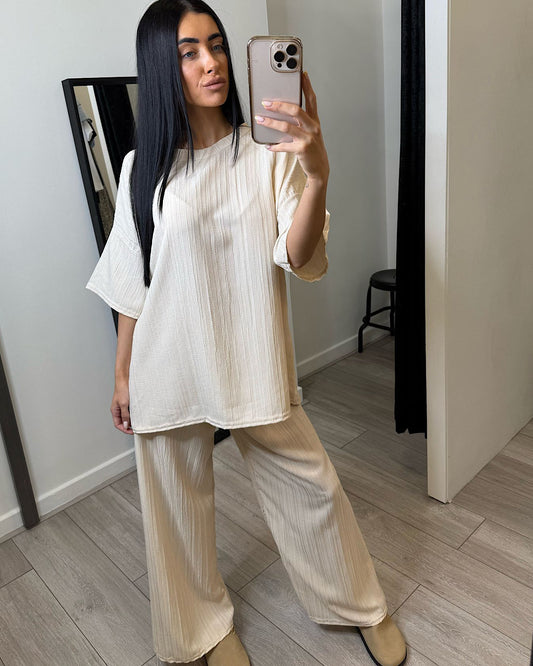 Beige Oversized Top and Trousers Suit