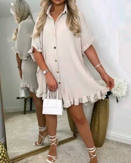 Beige Pleated Oversized Shirt Dress