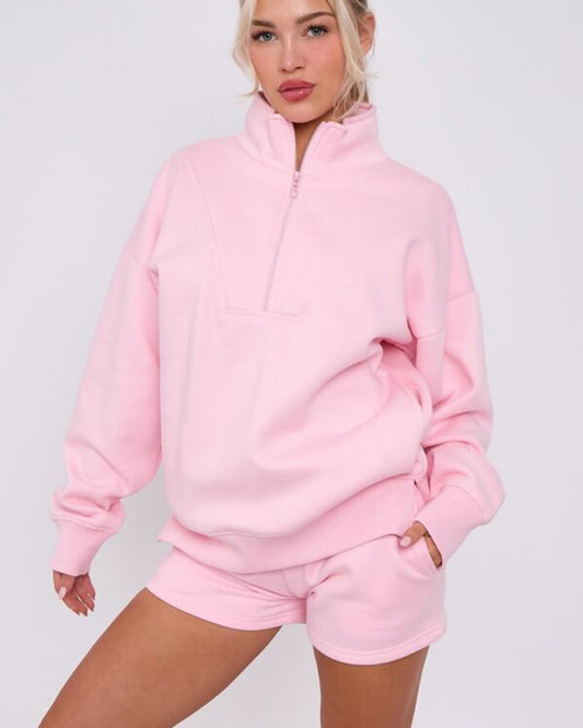 Pink Zip Sweat & Shorts Set