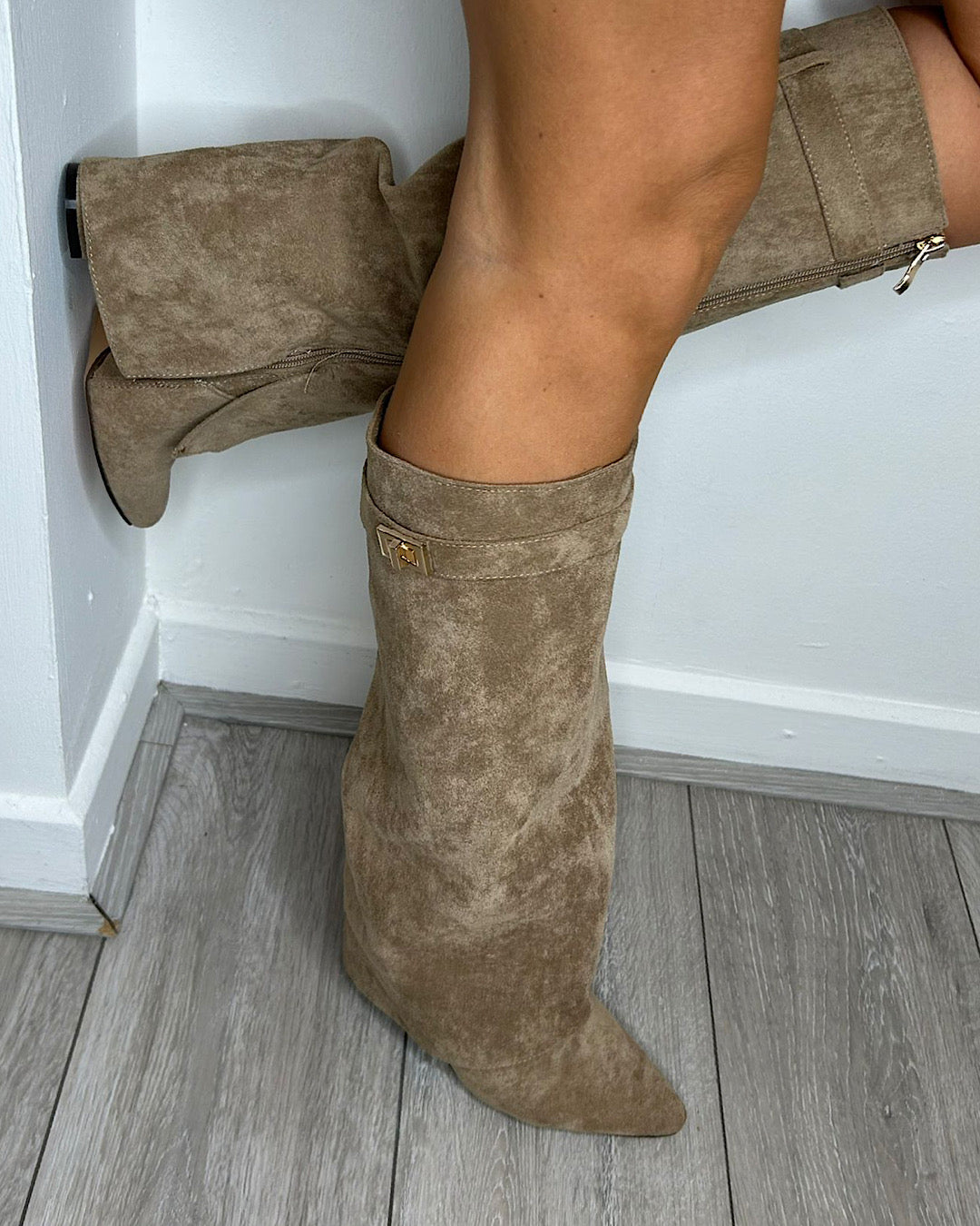 Beige Faux Suede Buckle Knee Boots
