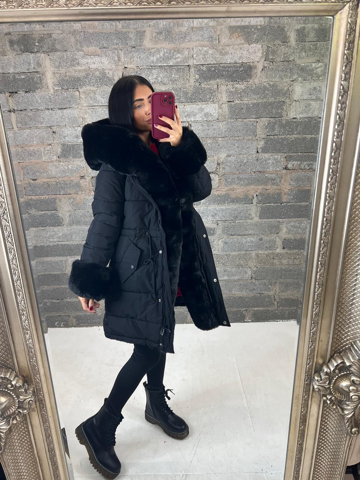 Black Hooded Faux Fur Puffer Coat