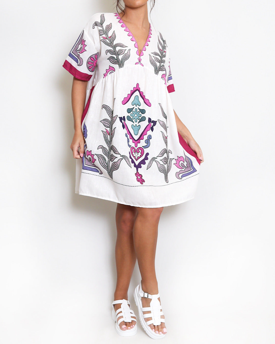 Fuchsia Cream V Neck Smock Dress