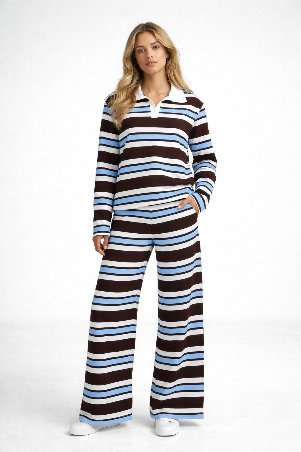 Striped Collared Top and Trousers Set