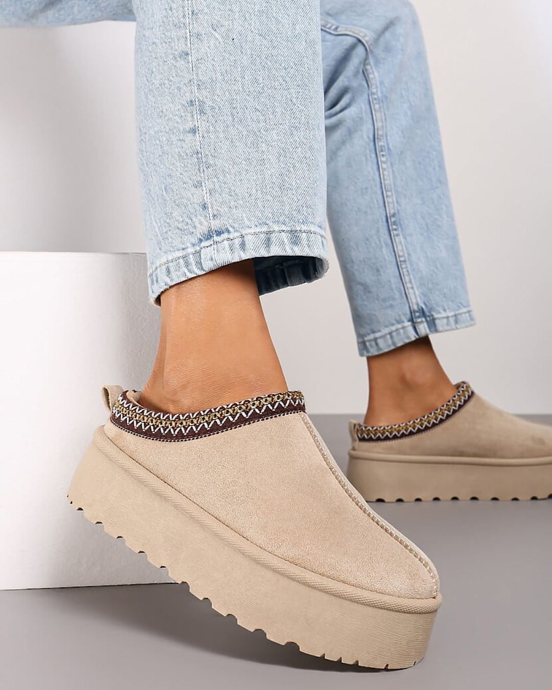 Beige Faux Suede Platform Boots