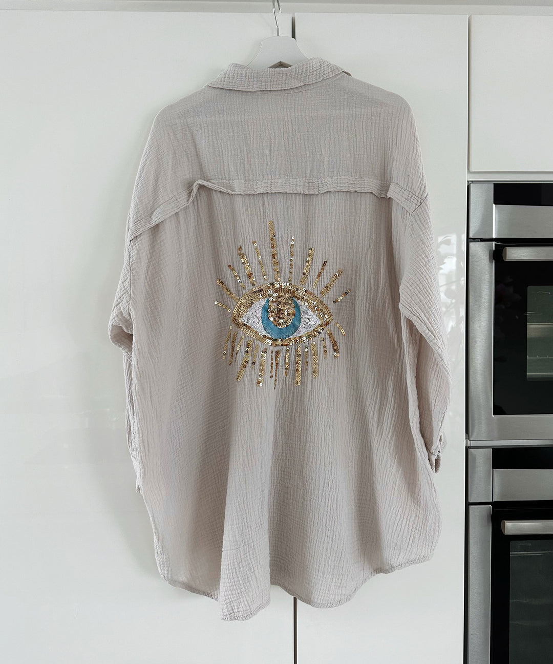 Beige Oversized Sequin Eye  Shirt