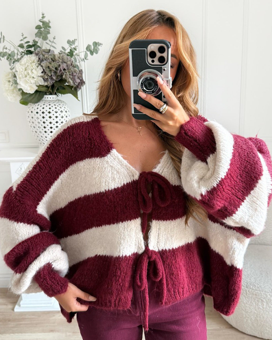 Wine and Cream Lace Front Knit Cardigan