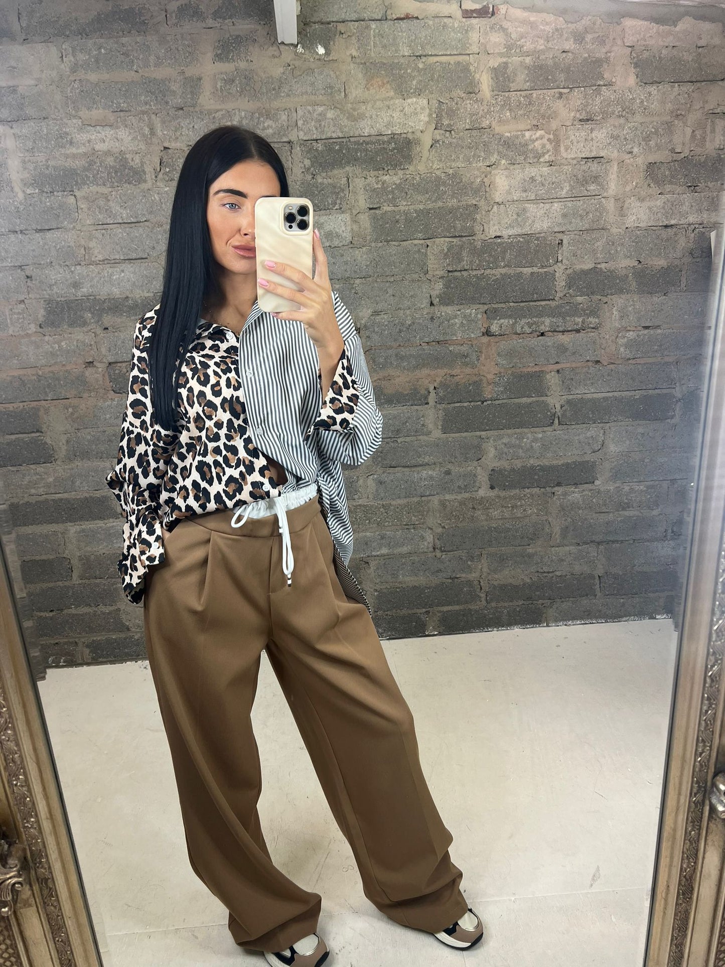 Camel Trousers with White Waistband