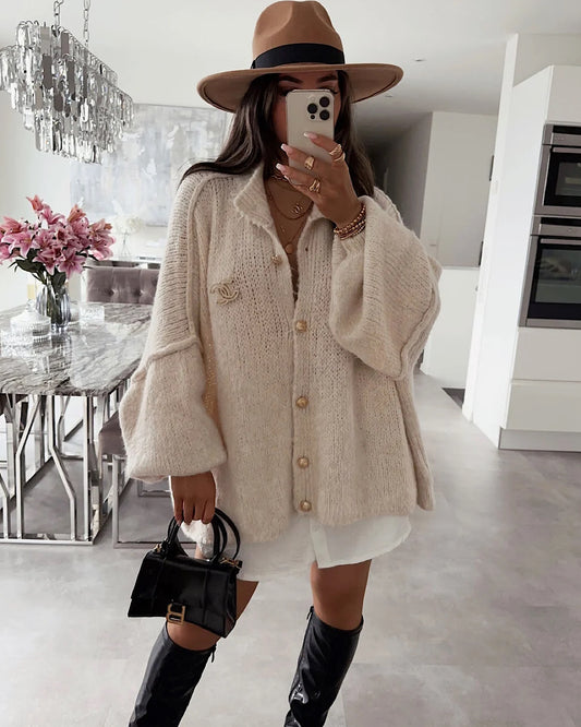 Beige Oversized Cardigan with Gold Buttons
