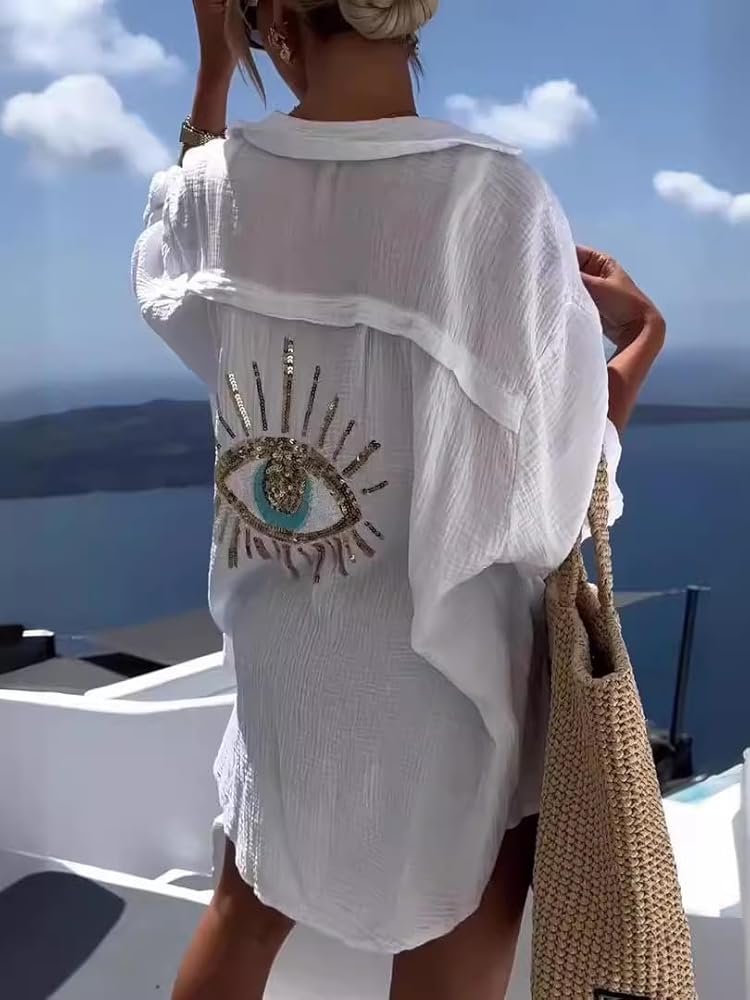 White Oversized Sequin Eye Shirt