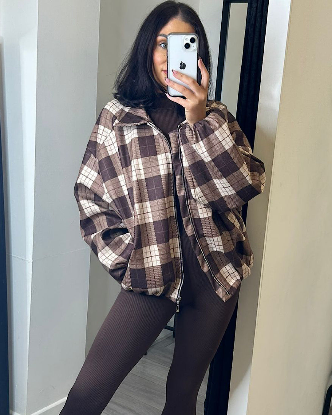 Brown Check Collared Bomber Jacket