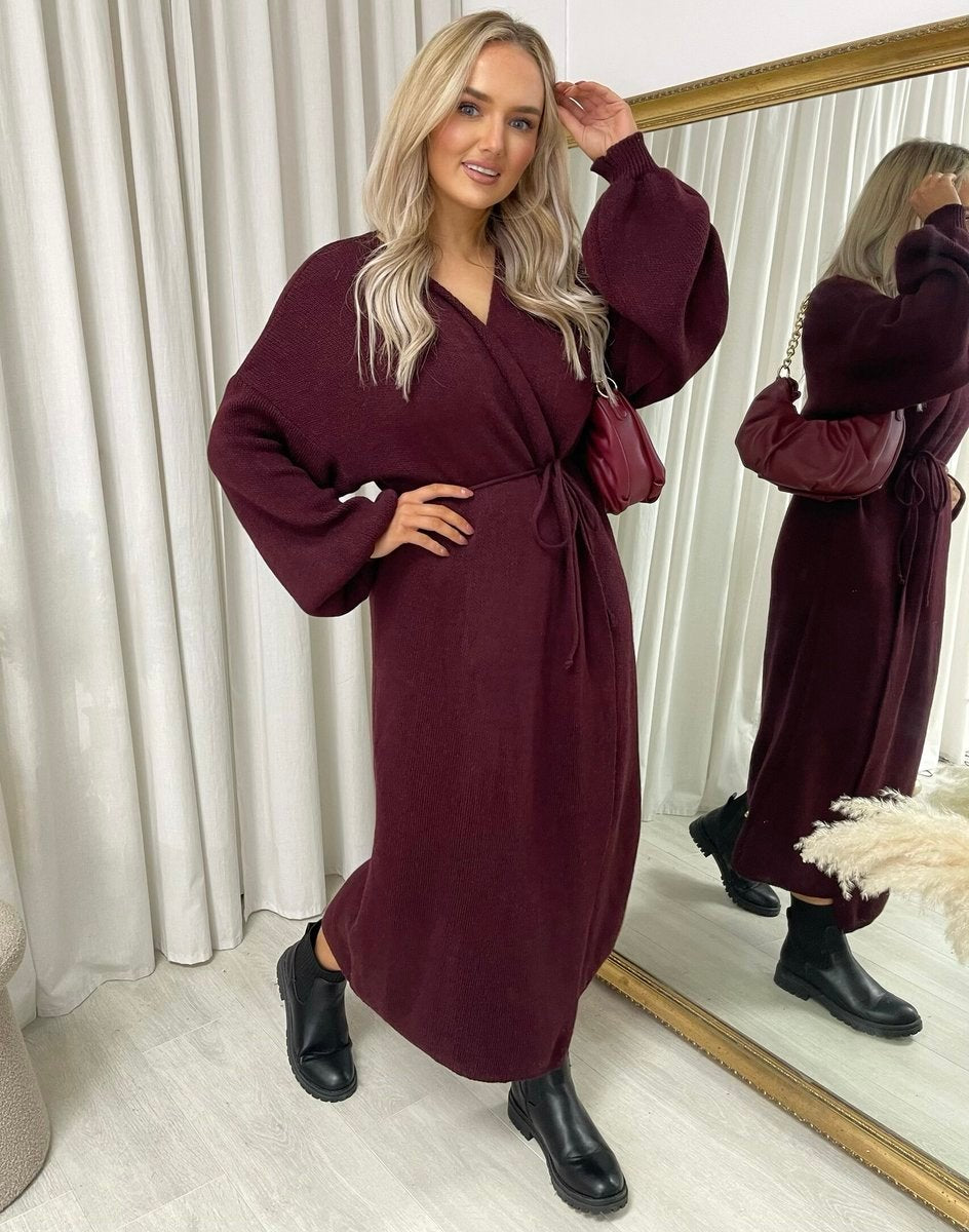 Burgundy Belted Knit Dress