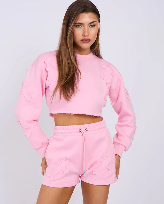 Pink Cropped Cross Sweat and Shorts Suit
