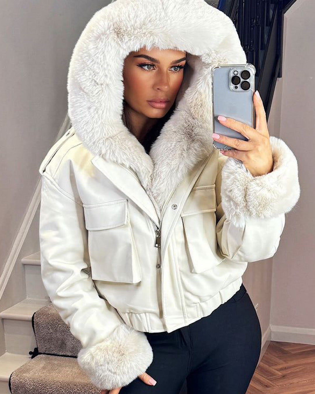 Cream Faux Leather/Fur Coat