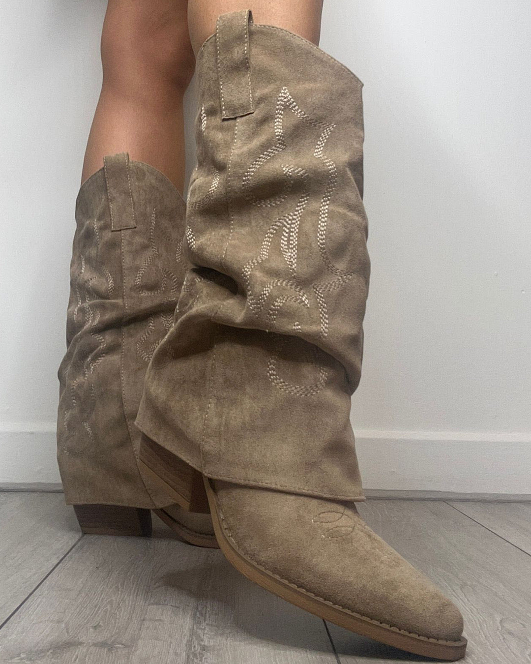 Beige Faux Suede Fold Over Cowboy Boots