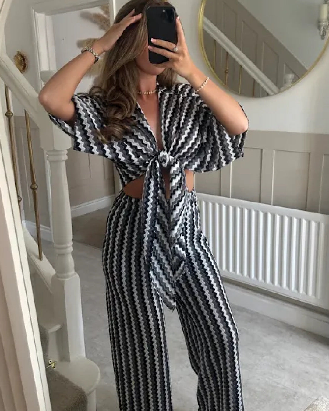 Black Grey Zig Zag Tie Front Co Ord