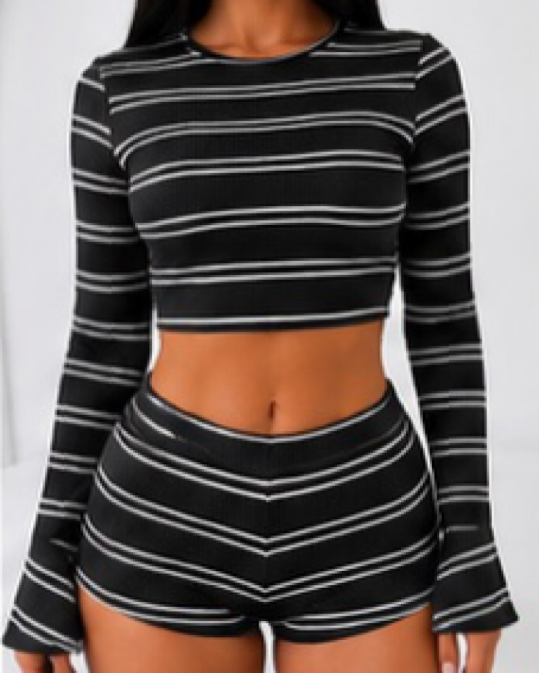 Black White Stripe Top & Shorts Suit