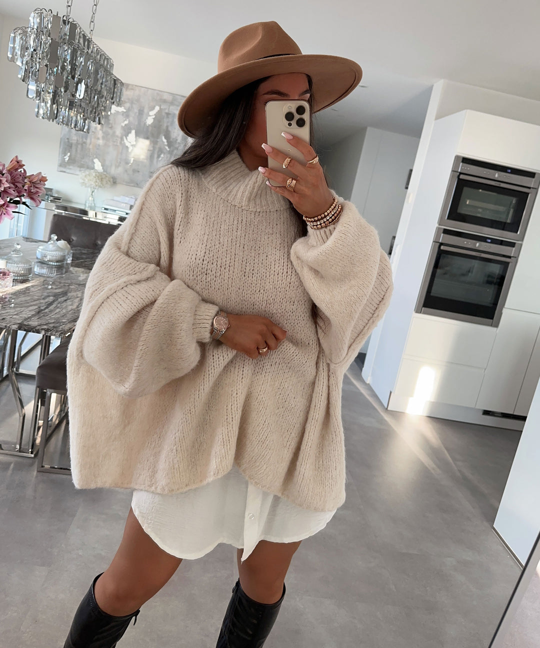Beige Oversized Knit Dress