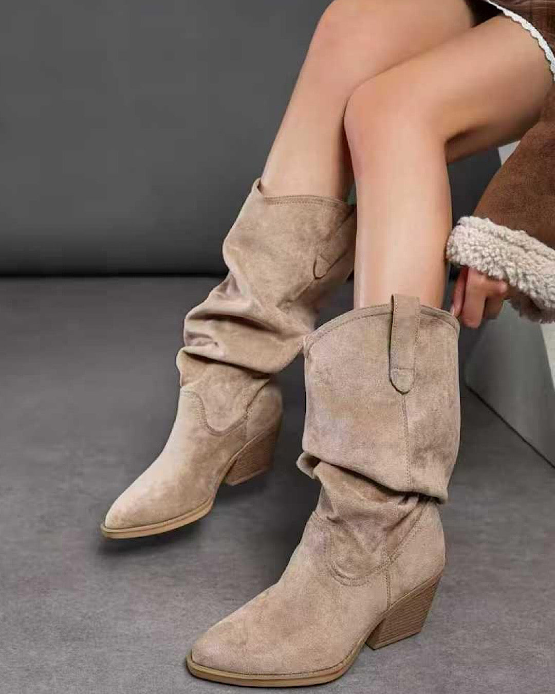 Beige Faux Suede Slouchy Cowboy Boots