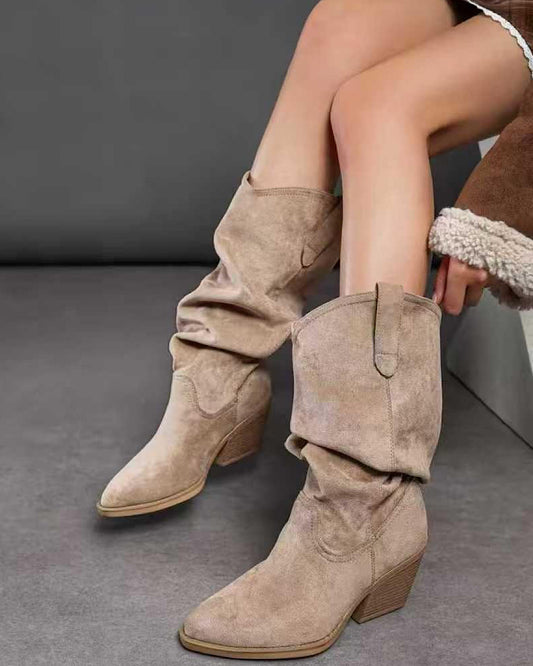 Beige Faux Suede Slouchy Cowboy Boots