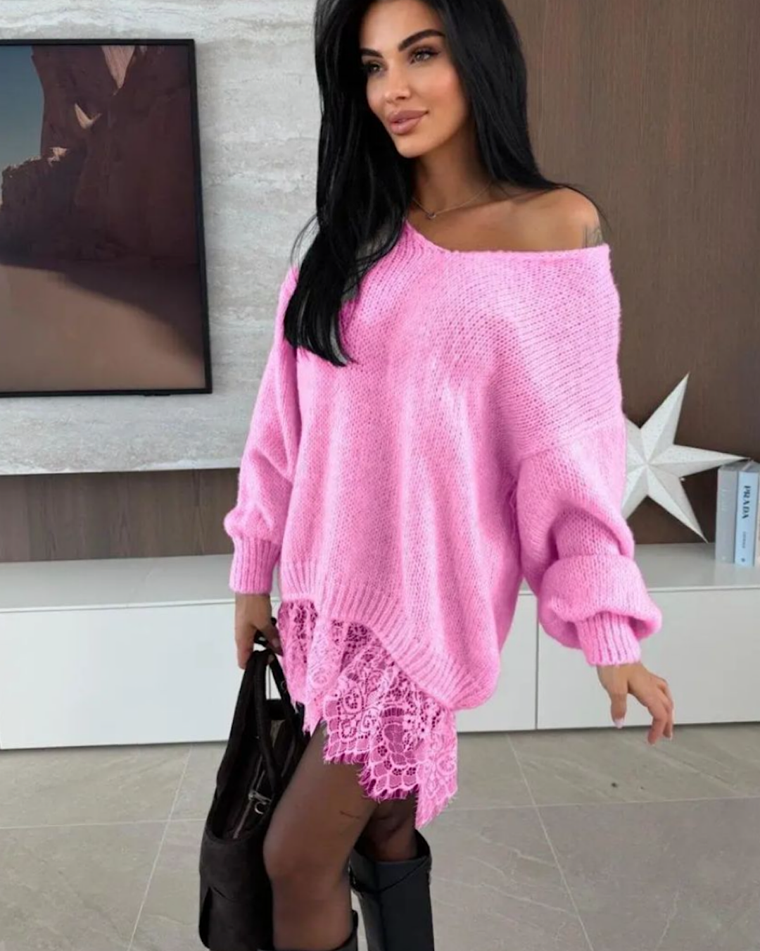 Pink Oversized Lace Knit Dress
