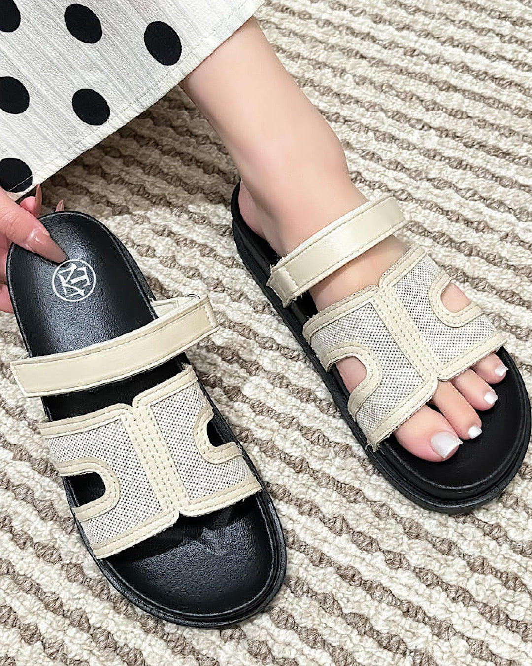 Beige Velcro Slider Sandals