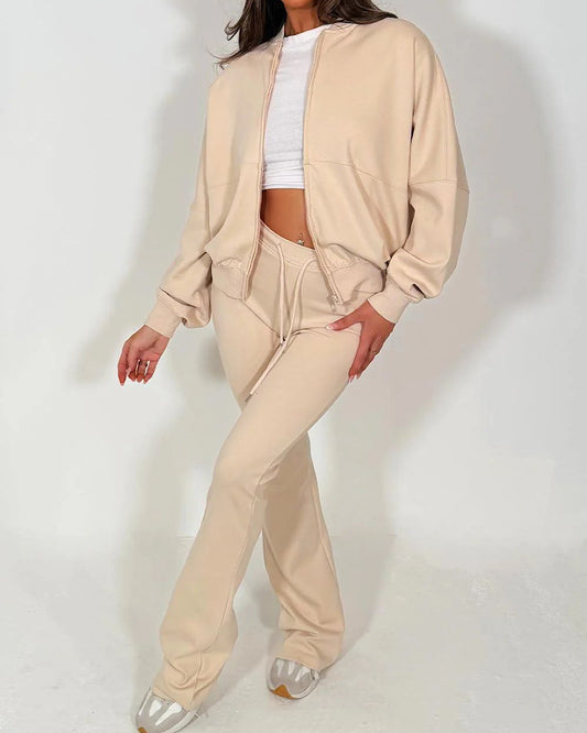 Beige Bomber Jacket and Joggers Suit
