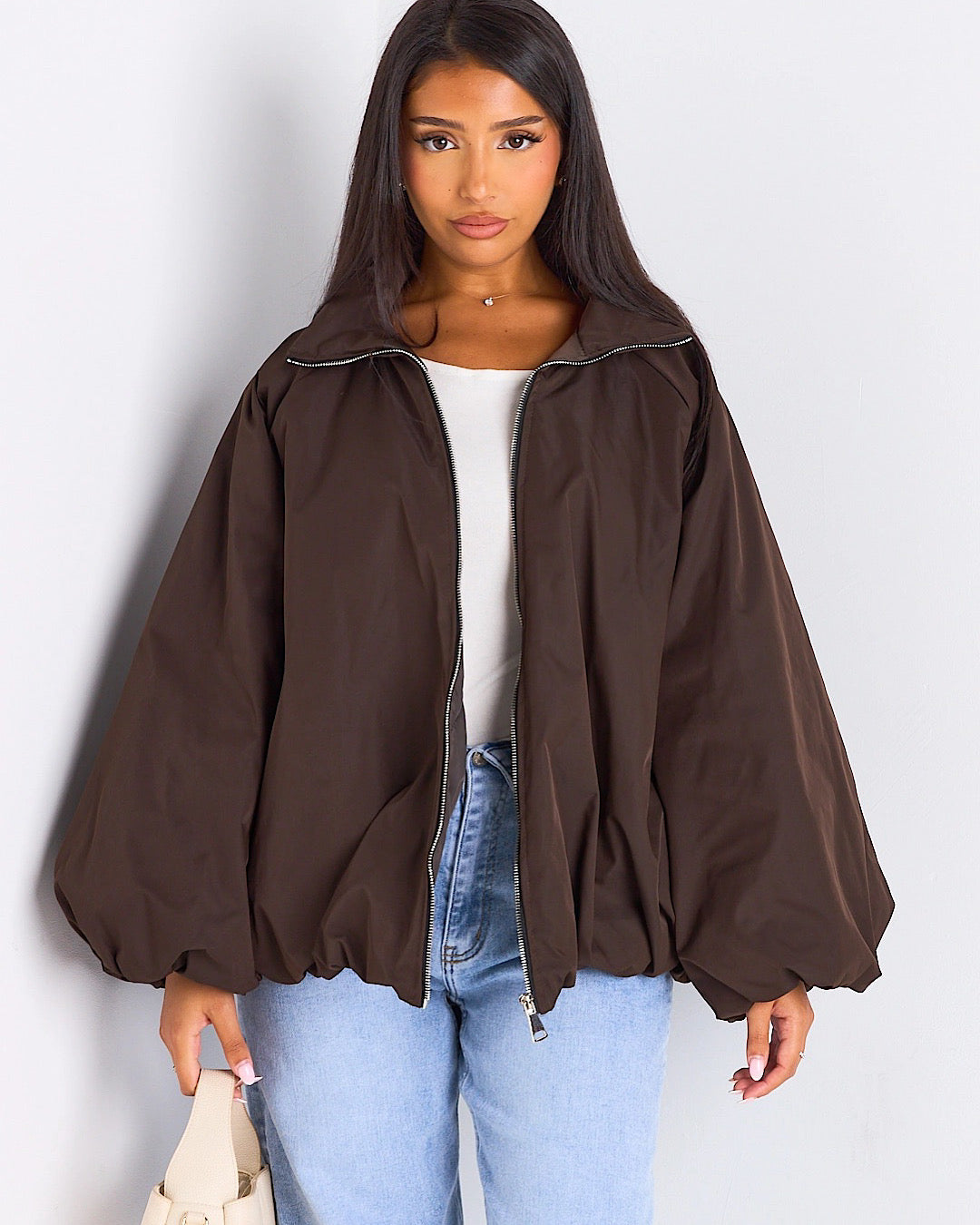 Brown High Neck Balloon Sleeve Jacket