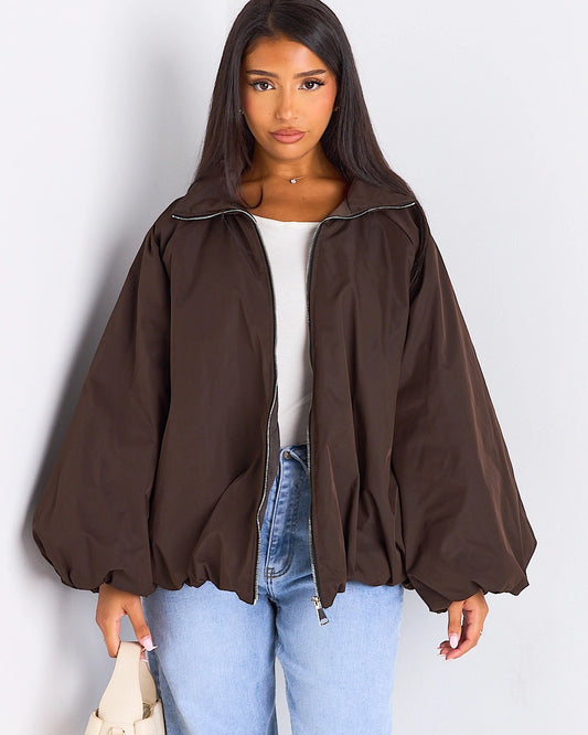 Brown High Neck Balloon Sleeve Jacket