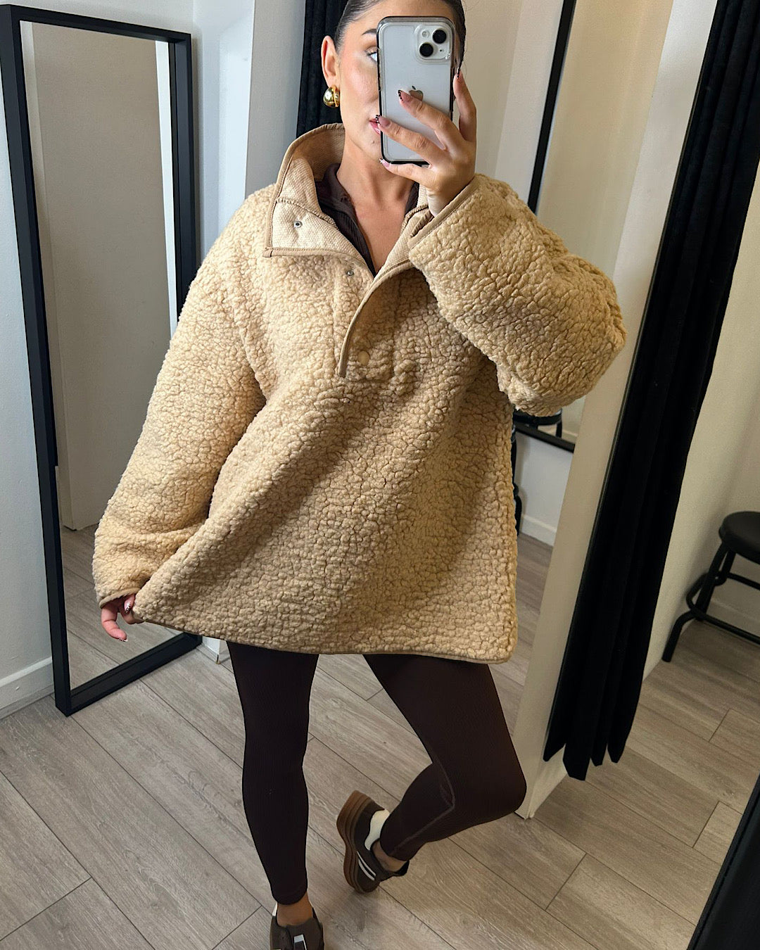 Beige High-Neck Teddy Fleece Top