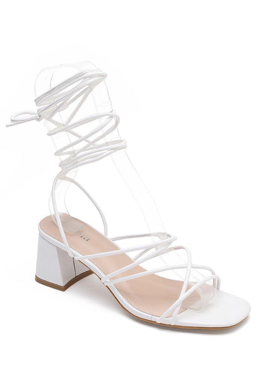 White Wrap Up Block Heel Sandals