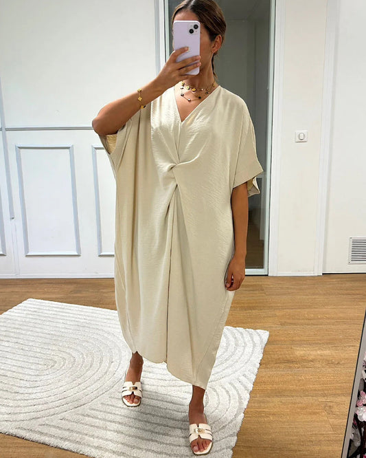 Beige Oversized V Neck Knot Dress