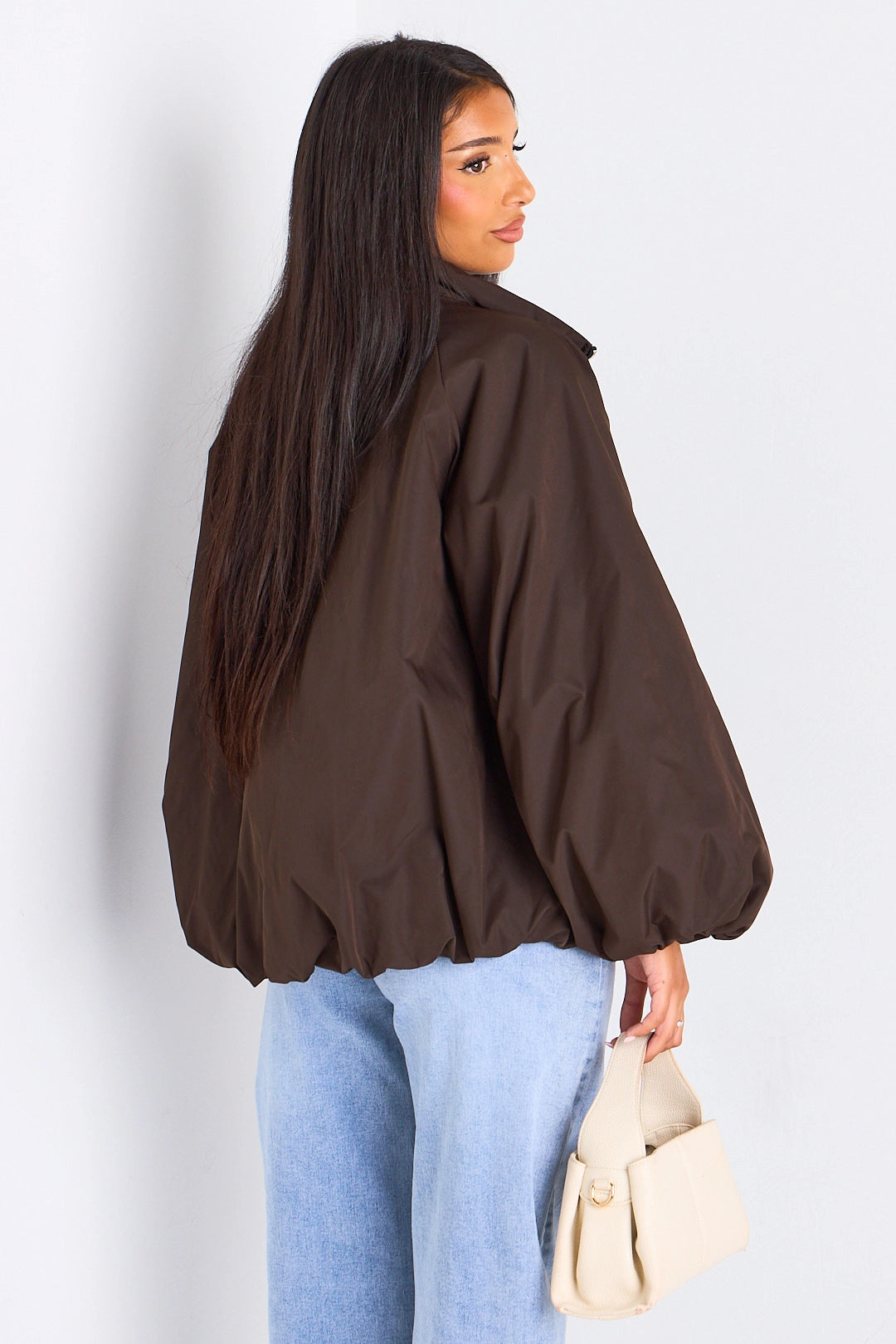 Brown High Neck Balloon Sleeve Jacket