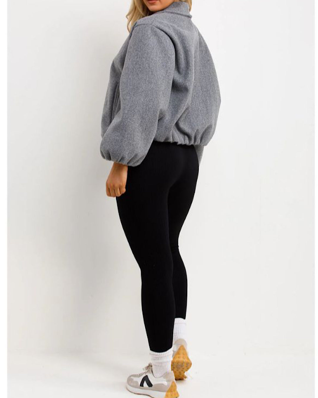 Grey Ruched Bomber Jacket with Zip