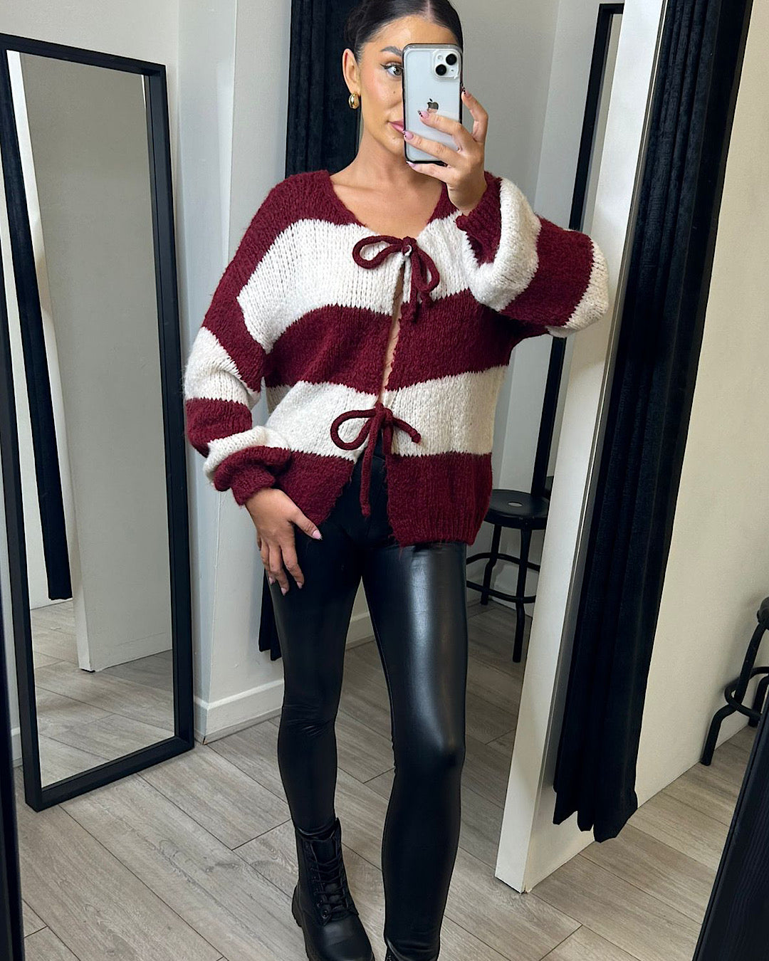 Wine and Cream Lace Front Knit Cardigan