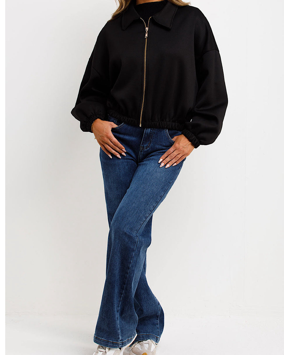 Black Ruched Bomber Jacket with Zip