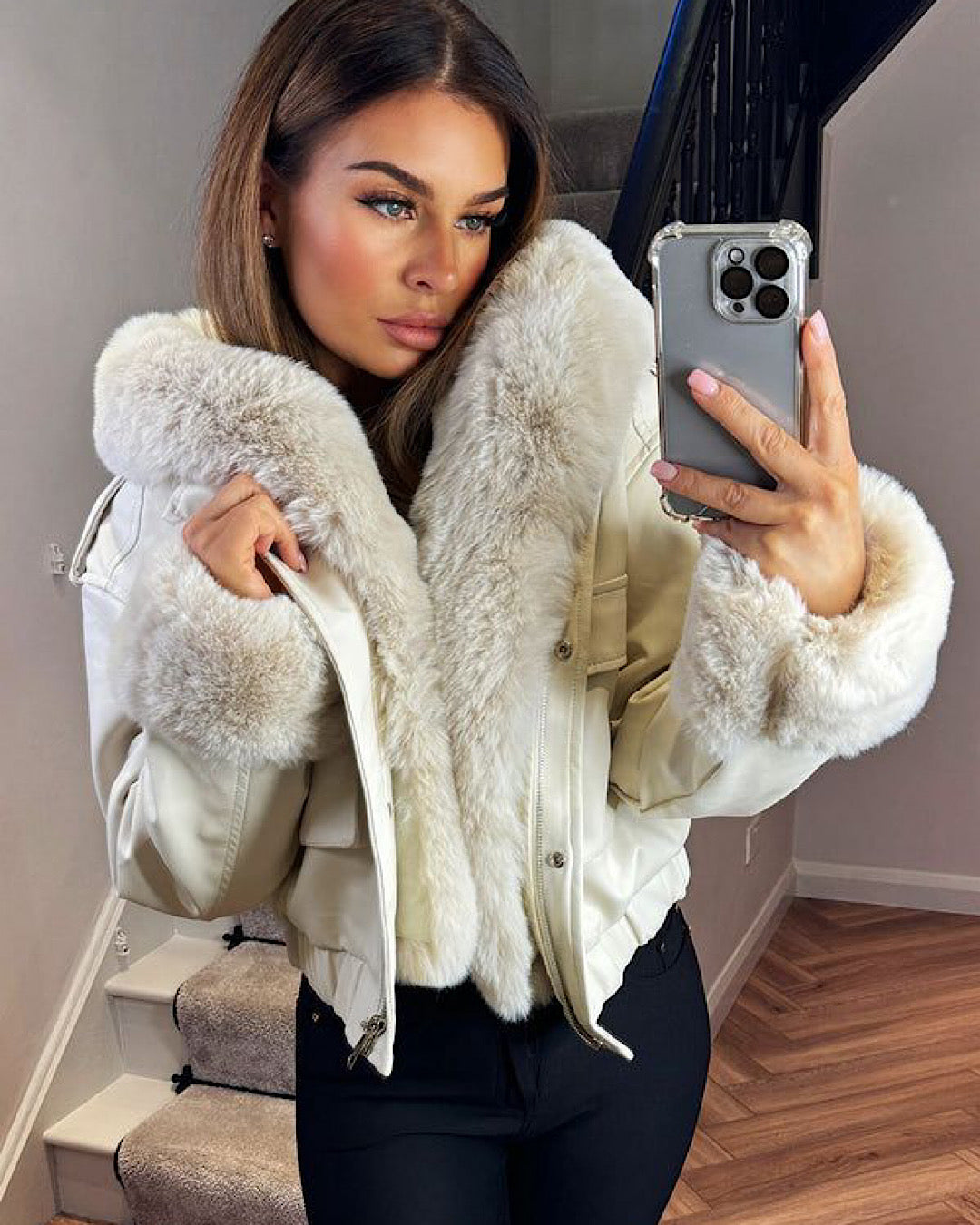 Cream Faux Leather/Fur Coat