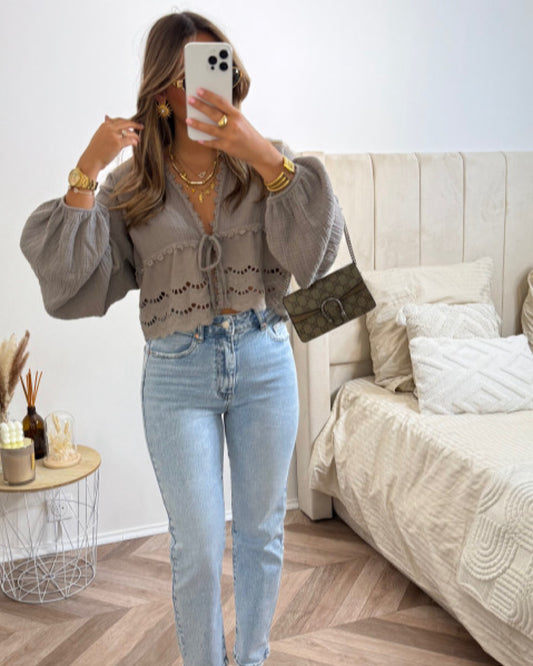 Taupe Tie Front Top