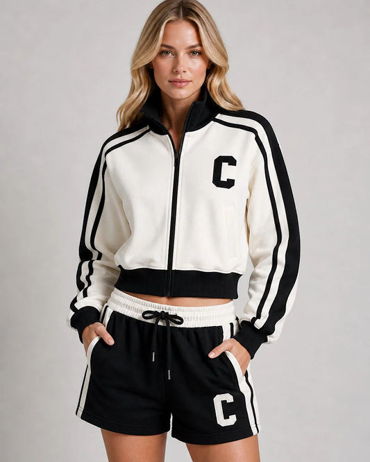 Black Cream Zip Jacket & Shorts