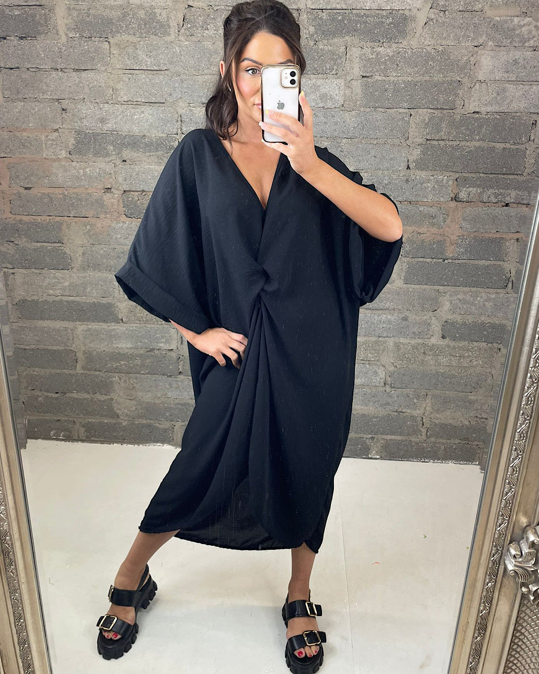 Black Oversized V Neck Knot Dress