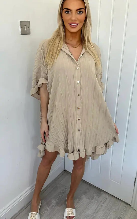 Beige Frill Hem Shirt Dress