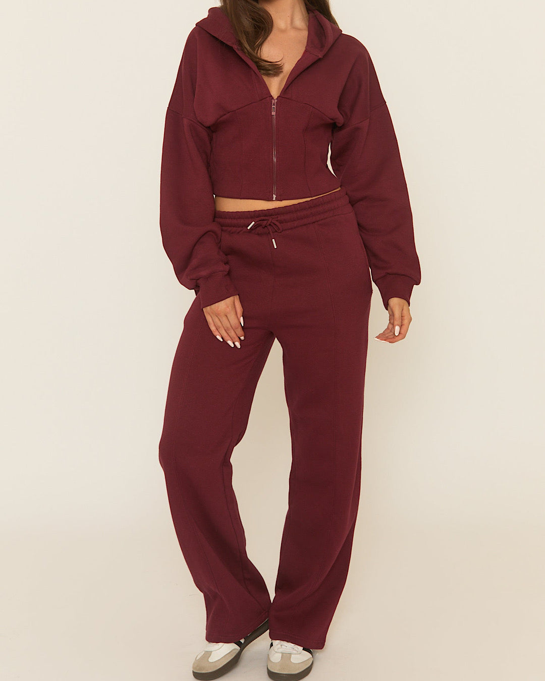 Burgundy Cinch Waist Hoody and Joggers Suit