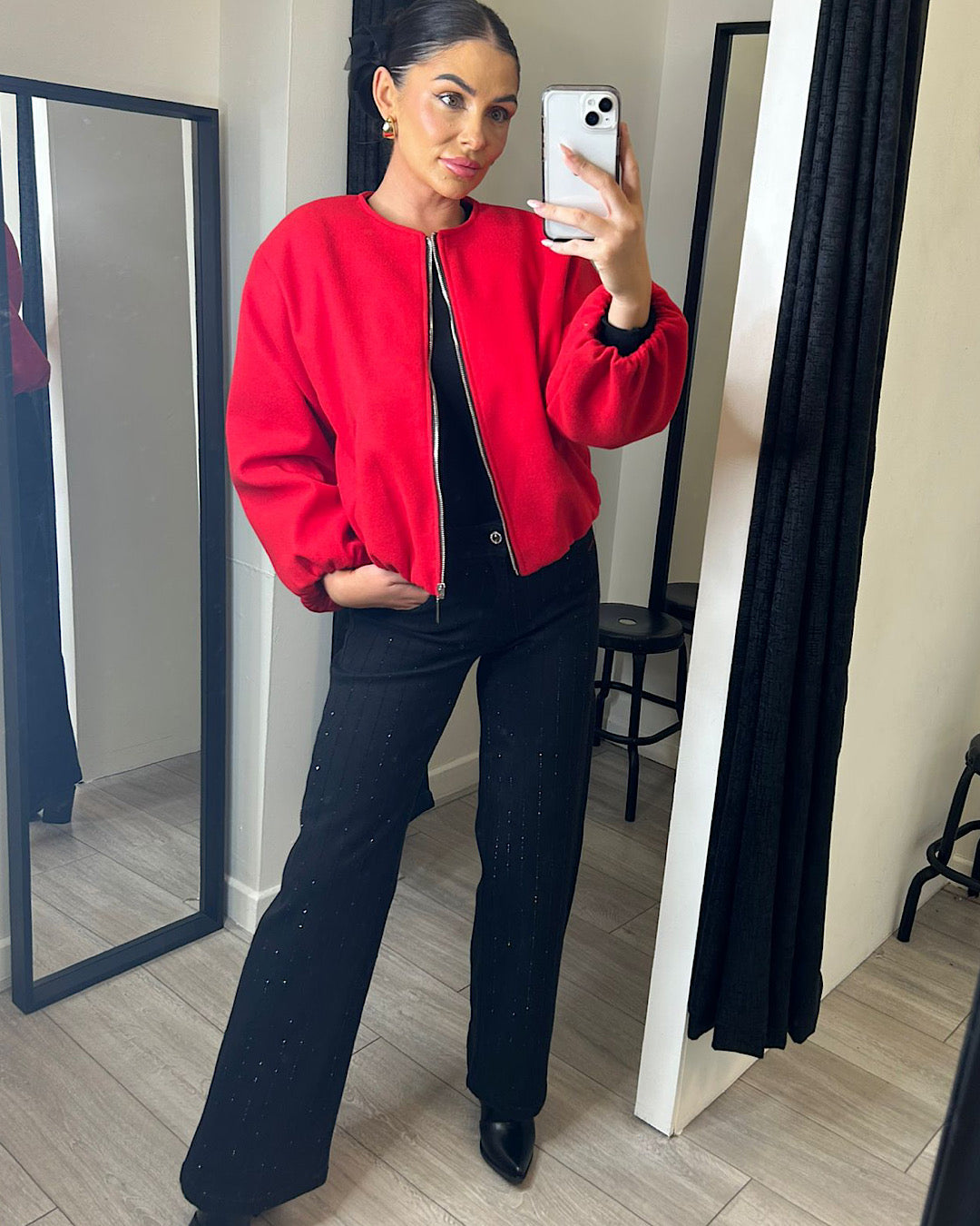Red Balloon Sleeve Ruched Bomber Jacket