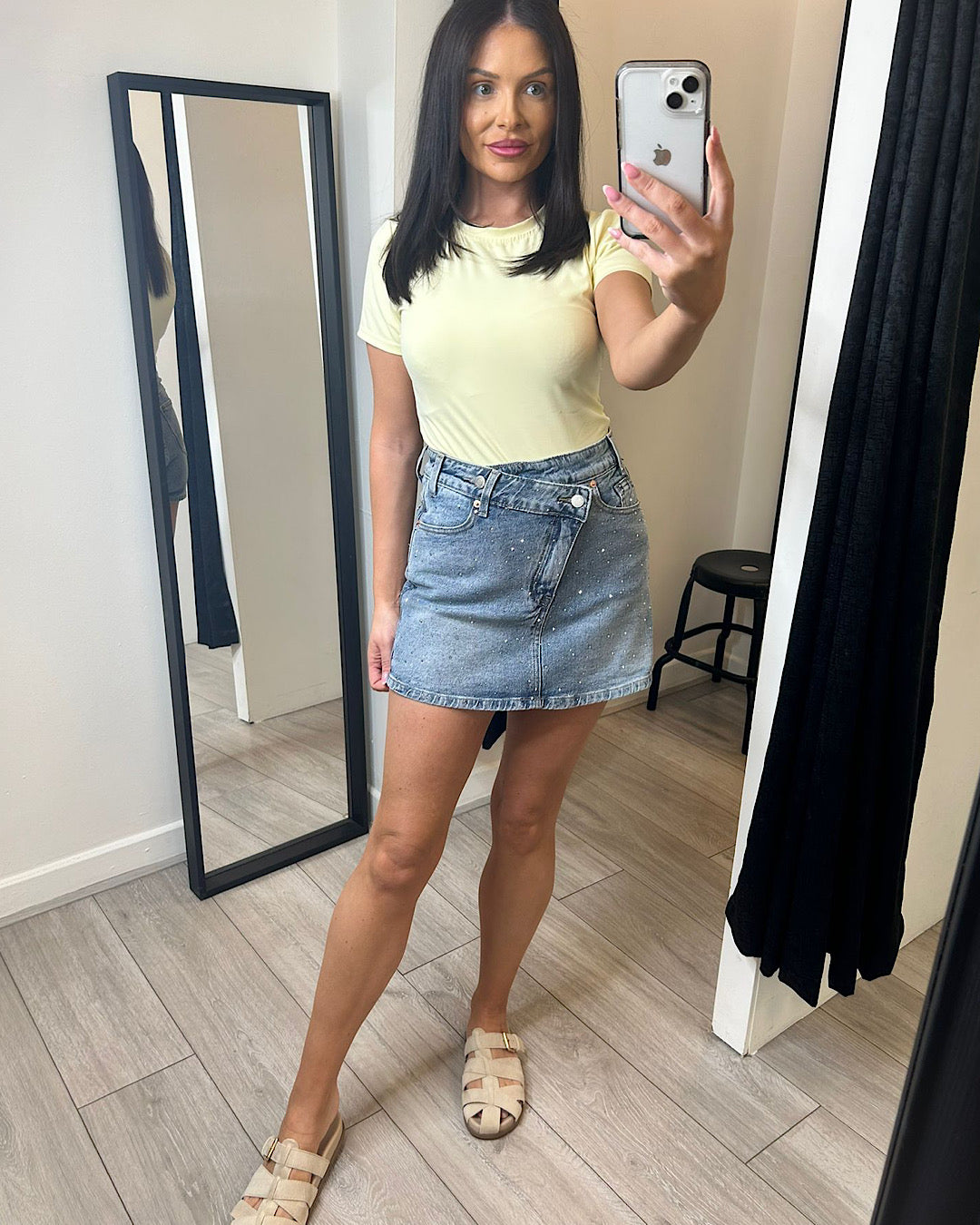 Diamond Embellished Denim Skort