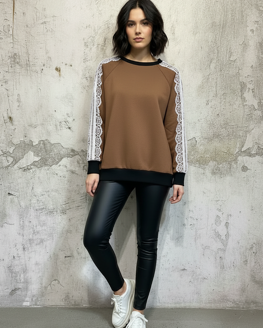 Brown Sweatshirt with Lace Sleeve