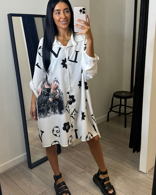 White with Black Oversized Shirt Dress