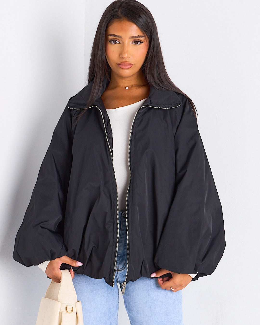 Black High Neck Balloon Sleeve Jacket