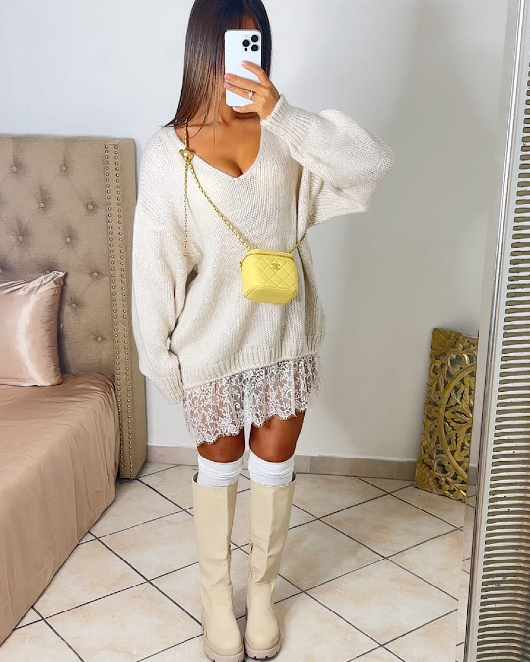 Cream Oversized Lace Knit Dress