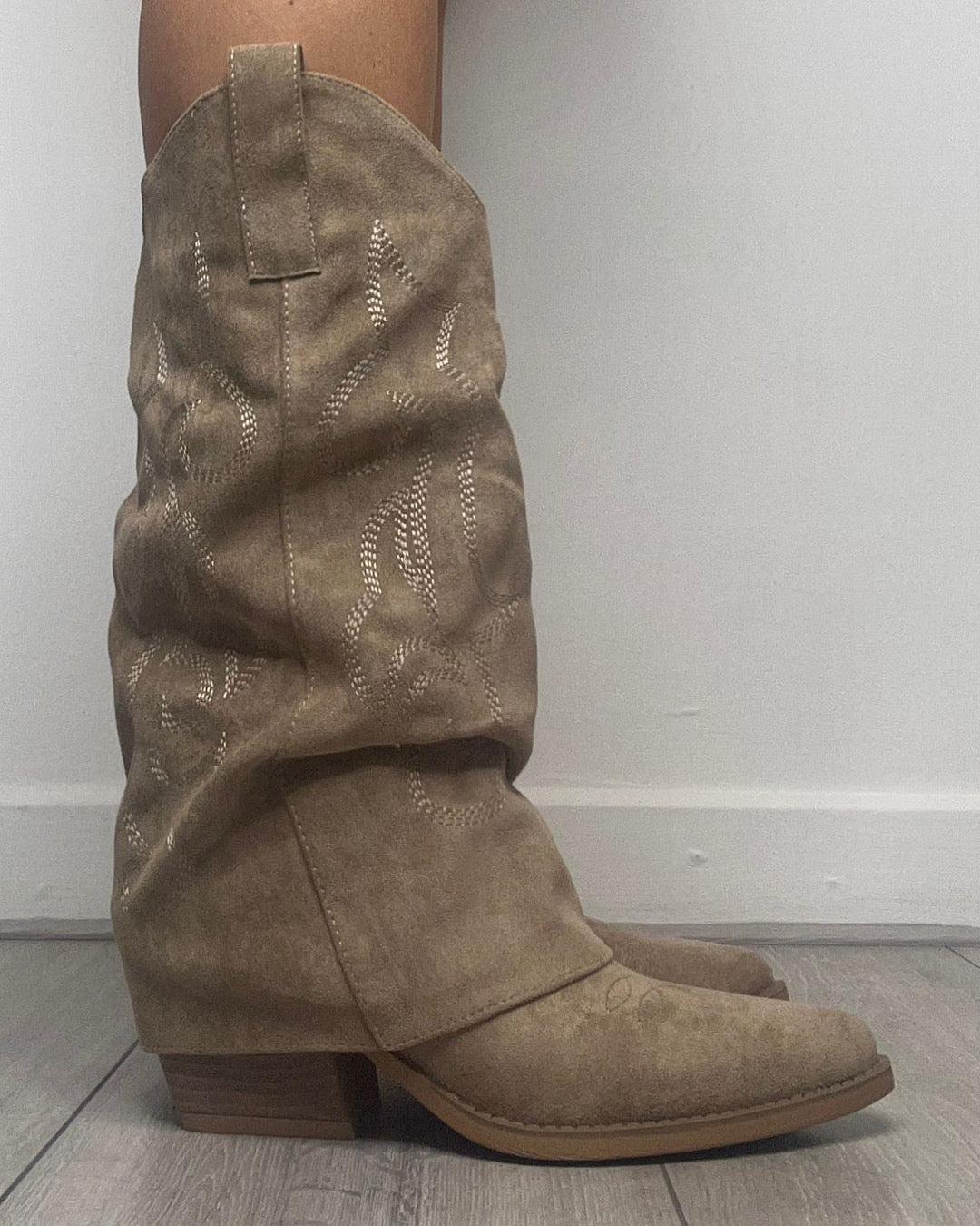 Beige Faux Suede Fold Over Cowboy Boots